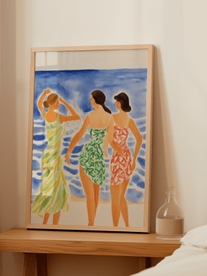 Seaside stroll art print framed in a home setting.