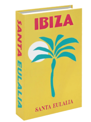Bright yellow coffee table book with IBIZA and SANTA EULALIA text and a teal palm tree graphic.