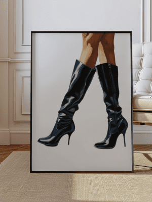 Framed fashion illustration art print of a person wearing sleek black high-heel boots (stiletto heels), displayed in a modern room with a white chair.