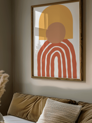 Mid-century modern abstract art print with terracotta rainbow, ochre arch, and rust-colored circle shapes in a brown wooden frame