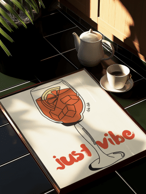 Framed art print with an illustration of an Aperol Spritz cocktail with the words "just vibe"