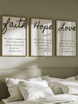 Inspirational poster pack featuring 'Faith,' 'Hope,' and 'Love' with Bible verses for uplifting home decor.