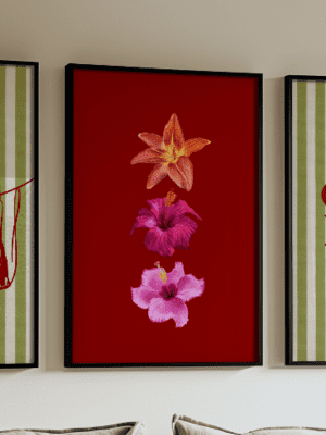 Tropical Flower Trio on Deep Red Art Print