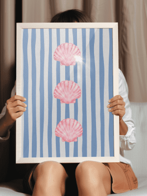 Pink Seashells Blue Stripes Beach Art Print
