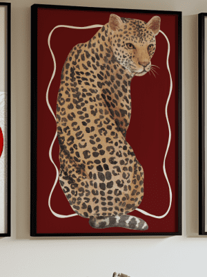 Sitting Leopard Burgundy Art Print