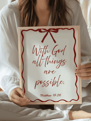 Christian Scripture Wall Decor Print | Red & White Matthew 19:26 Faith Art