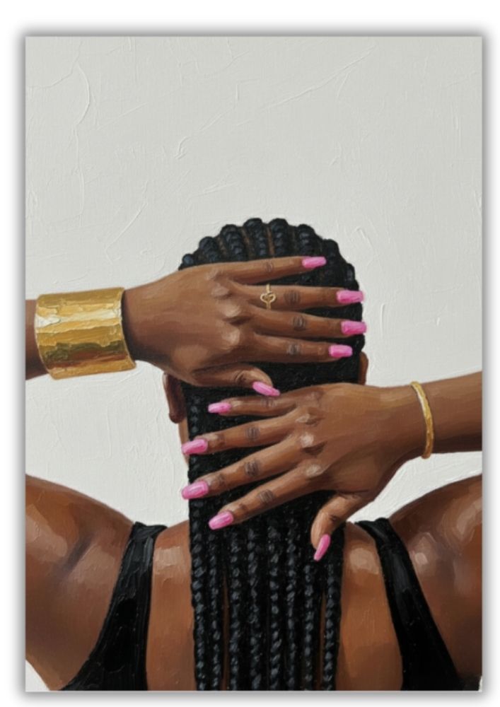 Bold Braids & Gold Statement Jewelry Art Print | Oil Painting | Pink Manicure Hand Detail - Image 3