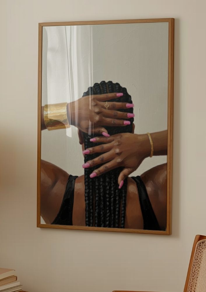 Bold Braids & Gold Statement Jewelry Art Print | Oil Painting | Pink Manicure Hand Detail