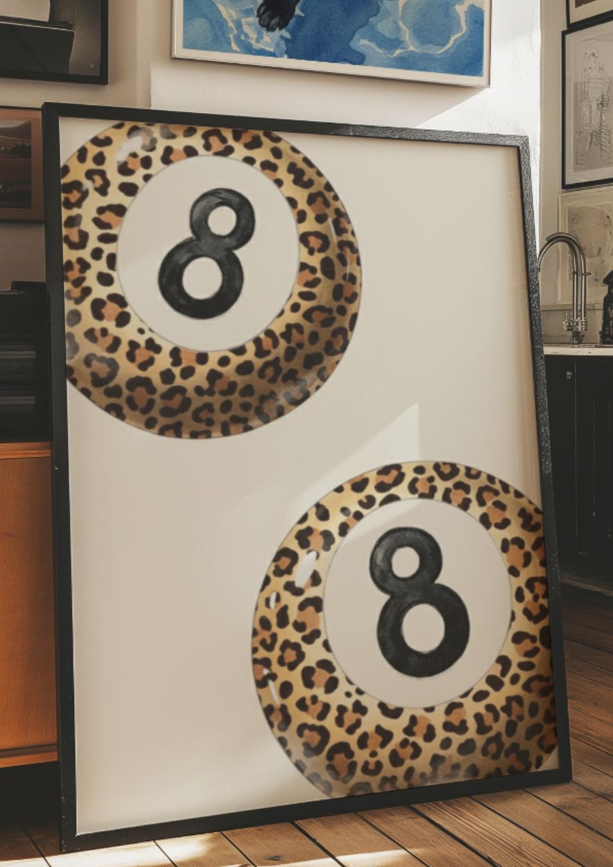 Leopard Print 8-Ball Wall Art| Trendy Maximalist Billiard Poster