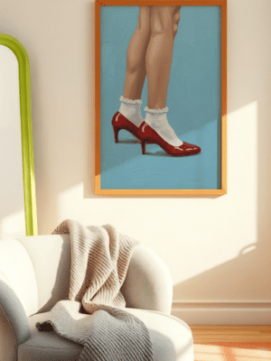 Close-up painting print of lower legs wearing vibrant red patent leather high heels and white frilly ankle socks, set against a solid, textured light blue background. The print is displayed in an orange-brown frame on a light-colored wall above an armchair.
