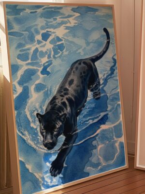 Aqua Noir | Black Panther Swimming Watercolor Art Print | Modern Wildlife Wall Decor