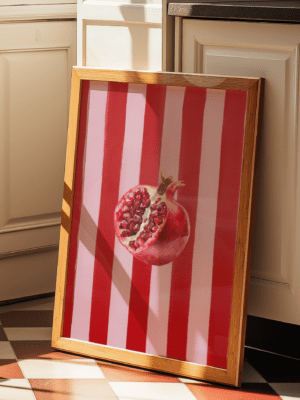 Vibrant Pomegranate Striped Art Print | Kitchen Wall Decor | Watercolor Illustration
