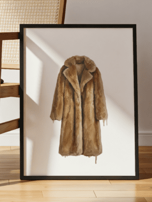 A detailed watercolor art print of a long, brown vintage faux fur coat hanging, displayed in a black frame against a white wall next to a wooden chair with cane webbing, with natural sunlight casting shadows on the floor.