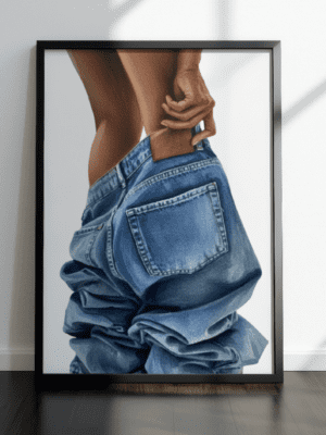 Fashion illustration print featuring baggy blue denim jeans being pulled up against a white background, highlighting texture and minimalist style.