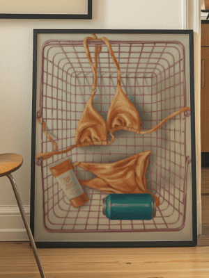 Summer Essentials Art Print: Vintage Bikini, Sunscreen & Soda in a Shopping Basket - Contemporary Still Life Wall Art