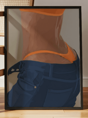 Minimalist vector illustration of a woman's waist and hips wearing orange lingerie and unbuttoned blue jeans, showing stretch marks, in a modern flat-art style.