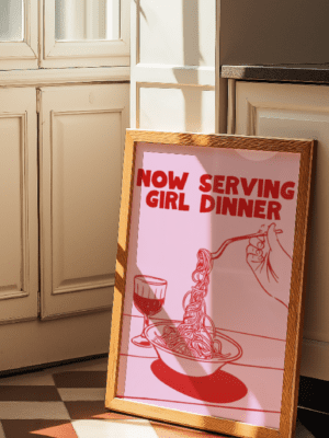 Now Serving Girl Dinner Retro Poster | Aesthetic Pink & Red Kitchen Wall Art Print