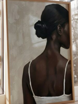 Impressionist oil painting print of a woman seen from behind with her hair in a bun, wearing a white strap top against a textured beige background.