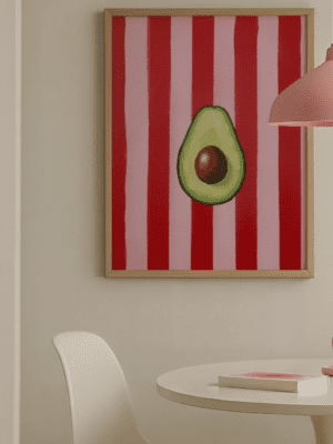 Vibrant Avocado Print Wall Art | Modern Kitchen Decor with Bold Red & Pink Stripes