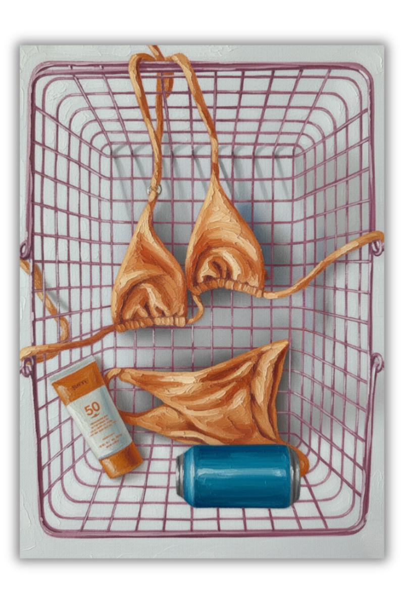 Summer Essentials Art Print: Vintage Bikini, Sunscreen & Soda in a Shopping Basket - Contemporary Still Life Wall Art - Image 2