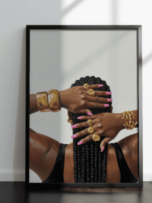 Bold Braids & Gold Statement Jewelry Art Print |  Oil Painting | Pink Manicure Hand Detail