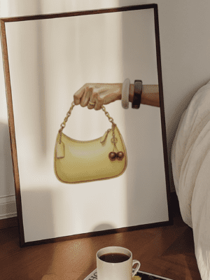 Chic Yellow Shoulder Bag Art Print with Cherry Charm | Luxury Fashion Illustration Wall Decor | Vintage Y2K Aesthetic