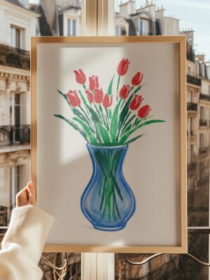 A Gentle Season- Red Tulips in Blue Vase Art Print - Modern Minimalist Floral Wall Decor