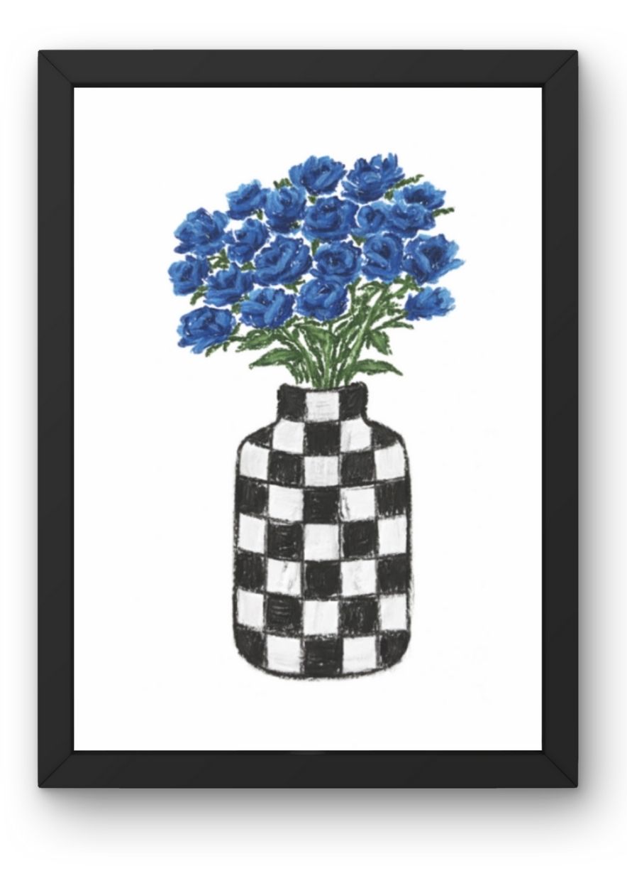 Midnight Checkmate | Blue Floral Art Print in Checkered Vase - Image 2