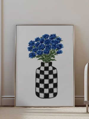 Midnight Checkmate | Blue Floral Art Print in Checkered Vase