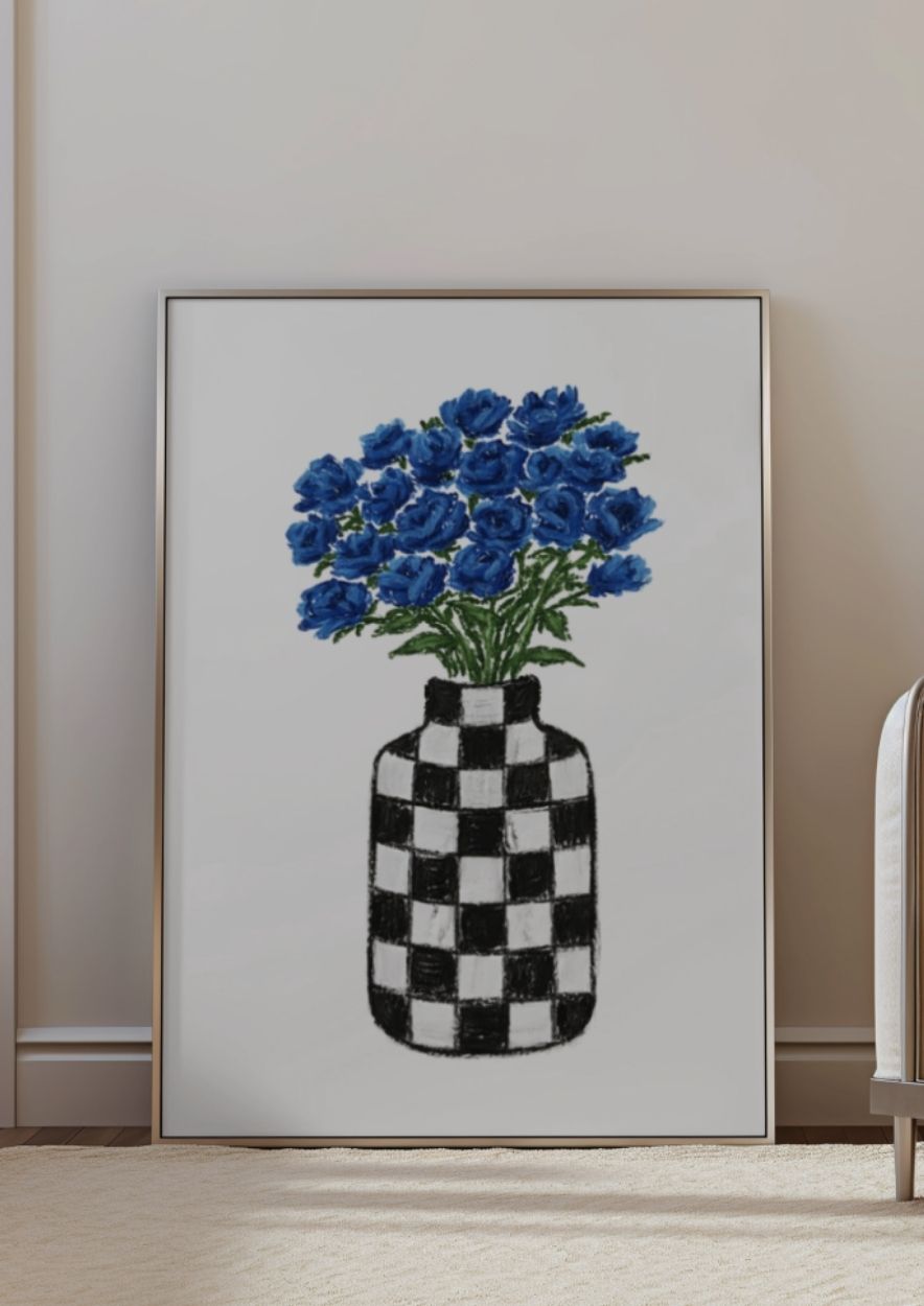 Midnight Checkmate | Blue Floral Art Print in Checkered Vase