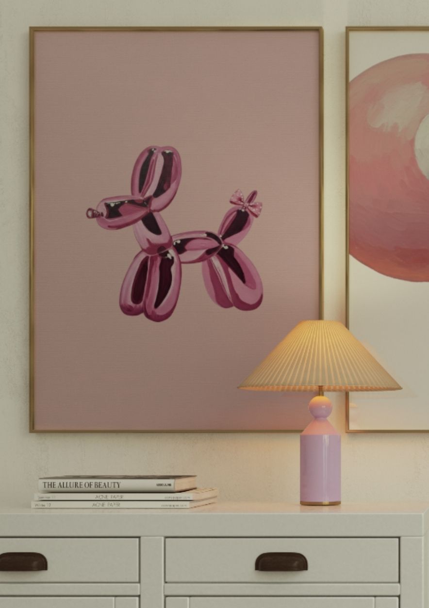 Pink Balloon Dog Art Print - Cute Bow Aesthetic Wall Decor