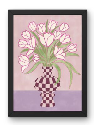 Modern Pink Tulip Art Print - Floral Still Life in Checkerboard Vase