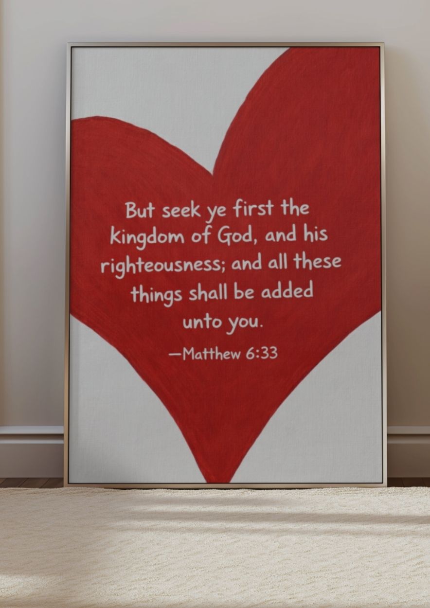 Matthew 6:33 Bible Verse Wall Art - Red Heart Scripture Print
