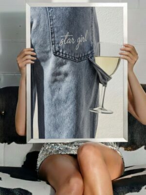 Star Girl Aesthetic Wall Art - Denim and White Wine Glass Print
