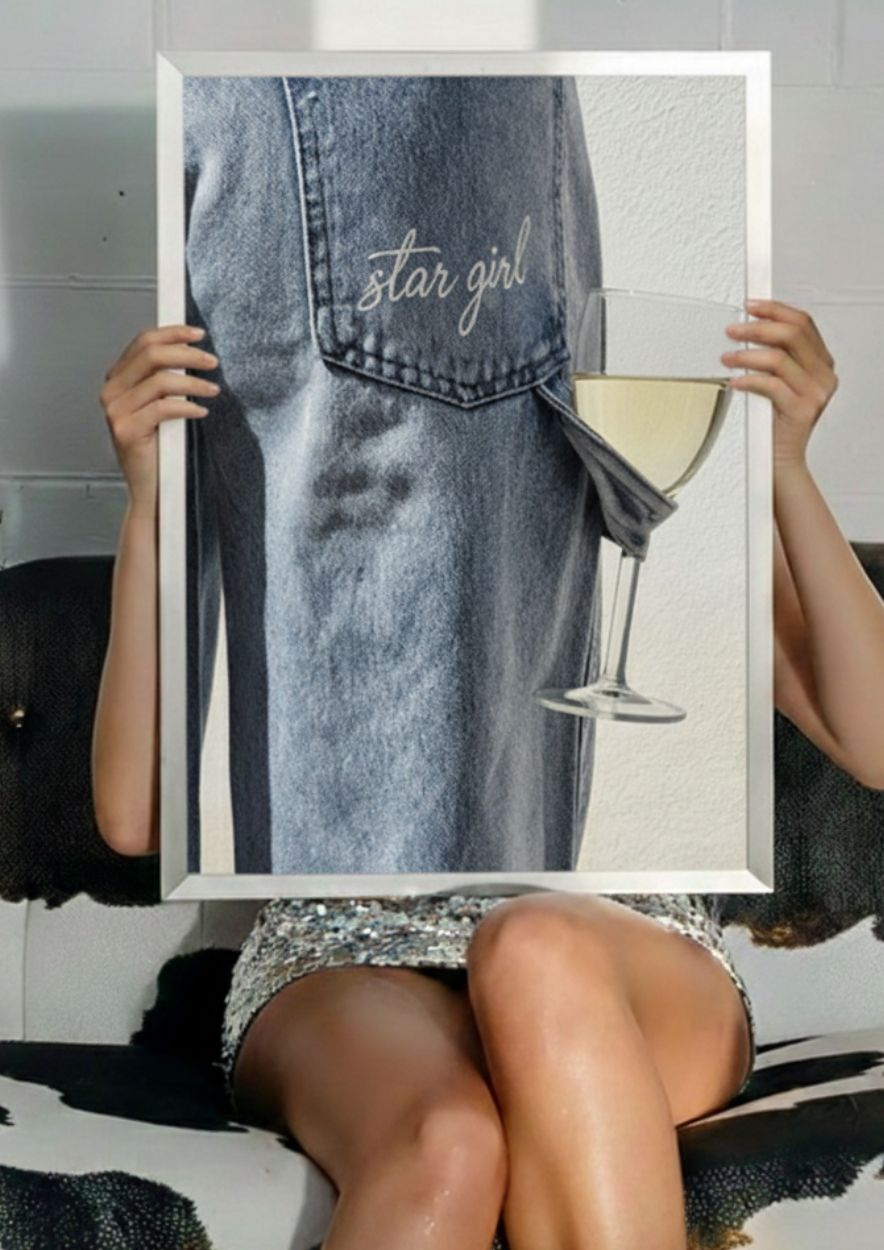 Star Girl Aesthetic Wall Art - Denim and White Wine Glass Print