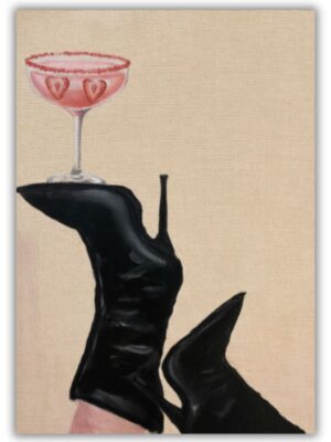 Black Stiletto Boots and Strawberry Martini Cocktail Art Print - Chic Fashion Wall Decor