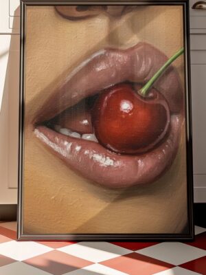 The Crimson Bite| Red Cherry Lips Oil Painting Print | Black Art