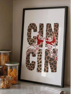 Cin Cin Cheetah Print Wall Art | Cheers Wine Toast Bar Cart Kitchen Decor Print