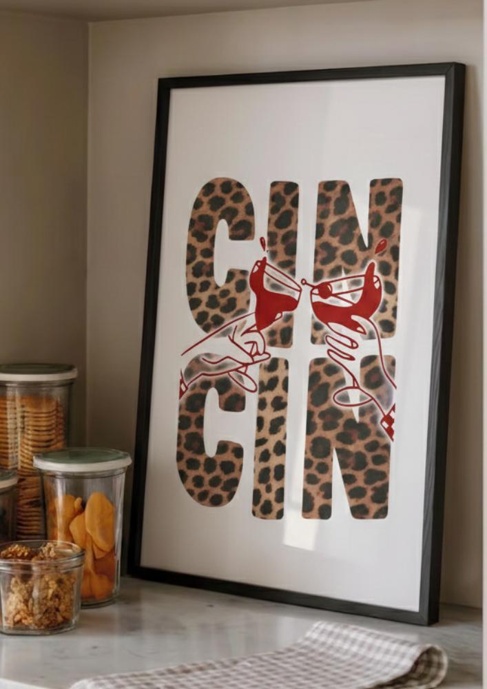 Cin Cin Cheetah Print Wall Art | Cheers Wine Toast Bar Cart Kitchen Decor Print