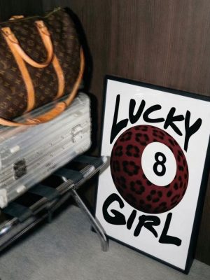 Lucky Girl 8 ball wall art print with leopard print billiards ball and bold typography, trendy dopamine decor poster for modern aesthetic rooms.