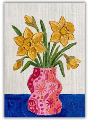 Colourful daffodil flower wall art print featuring bright yellow daffodils in a pink patterned vase on a blue table, expressive floral painting style.
