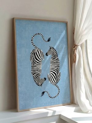 Blue zebra wall art print featuring two artistic zebras on a textured blue background in a minimalist safari animal illustration style.