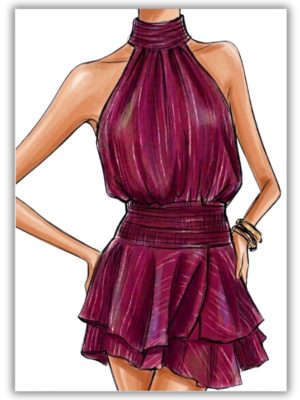 Burgundy fashion illustration wall art featuring an elegant high neck dress sketch with layered skirt, stylish fashion designer artwork poster.