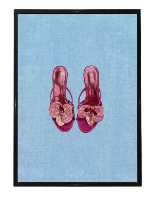 Pink fashion heels wall art print featuring heels with orchid flowers on a blue background, stylish feminine fashion illustration decor.