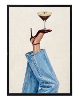 Espresso martini fashion illustration wall art showing a leg in red high heels holding a cocktail glass, chic girly aesthetic cocktail poster for stylish home bar and fashion decor.