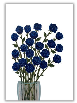 Blue rose bouquet wall art print featuring dark blue roses arranged in a glass vase botanical floral artwork for home decor