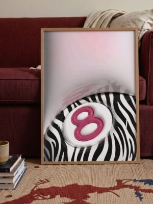 Pink 8 ball wall art featuring glossy pool ball over black and white zebra pattern, trendy pop art aesthetic decor for modern interiors.