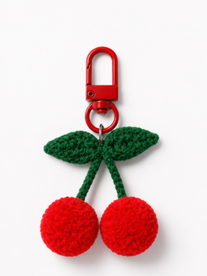 Handmade Crochet Cherry Bag Charm - Red Pom Pom Fruit Keychain for Handbags and Backpacks